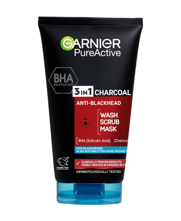 Garnier Pure Active 3 In 1 Charcoal Blackhead Mask Wash Scrub, Aloe Vera, 150 Ml, Pack Of 1