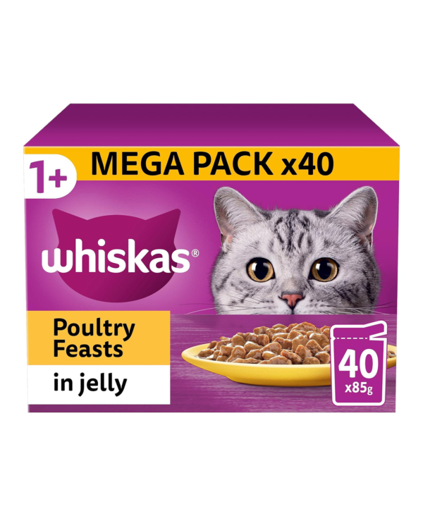 Whiskas 1+ Adult Poultry Selection in Jelly 40 Pouches, Adult Wet Cat Food, Megapack (40 x 85 g)