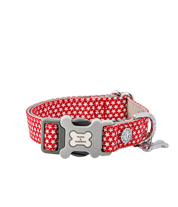 HUGO & HUDSON Nylon Dog Collar with Quick Release Safety Buckle, Red Star, M