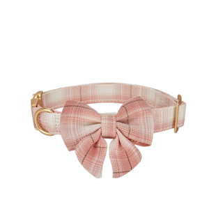 Soft Cloth Wrapped Dog Collar Plaid UK Style Collars with Removeable Bowtie for Small Dogs with Sensitive Skin,Pink